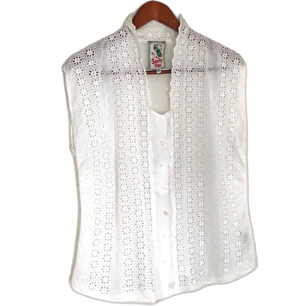 Johnny Was White Lace Embroidered Button Front Semi Sheer Top